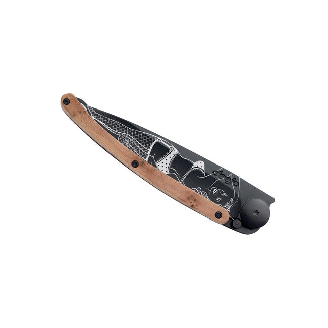 Deejo Tattoo coltello di chiusura Legno di ginepro nero Pin up