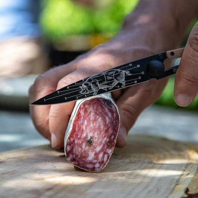 Deejo Prime cuts coltello di chiusura nero tatuaggio in legno d'ulivo, olive wood