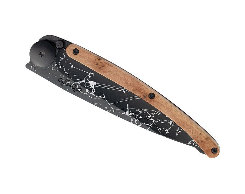 Deejo Tattoo coltello di chiusura, nero in legno di ginepro Ski