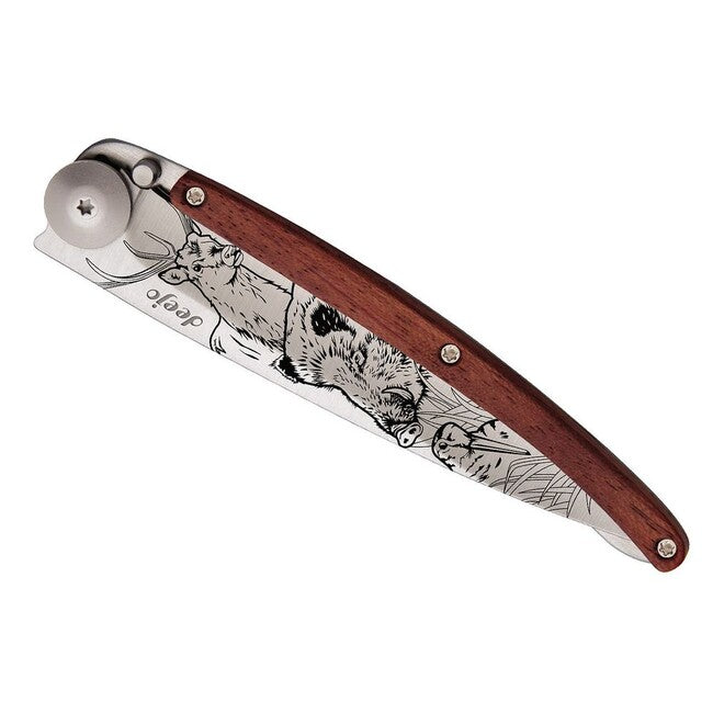 Deejo Tattoo Hunting Folding Knife, Coralwood