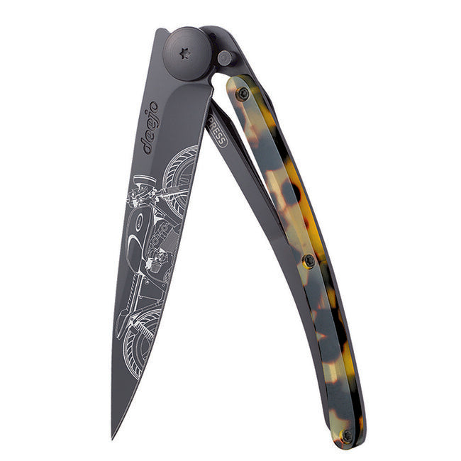 Deejo Tattoo Turtle coltello di chiusura, nero guscio di tartaruga Café Racer
