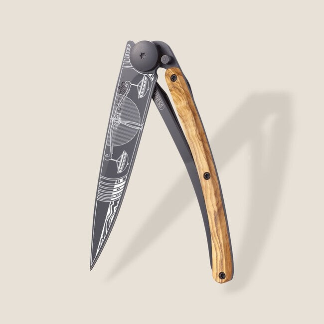 Deejo Tattoo coltello di chiusura in legno d'ulivo nero Libra