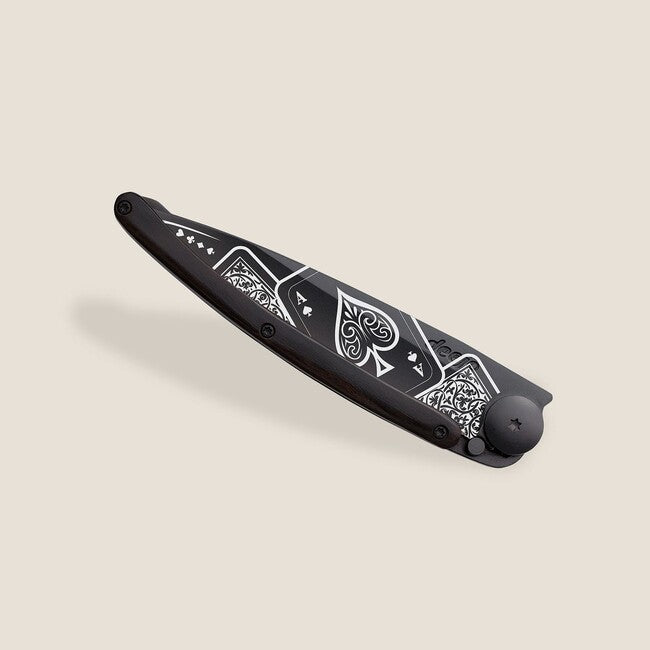 Deejo coltello chiusura nero tatuaggio biker legno ebano buona fortuna