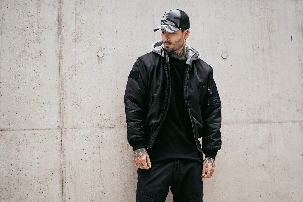Brandit MA1 giacca bomber con cappuccio, nero-grigio