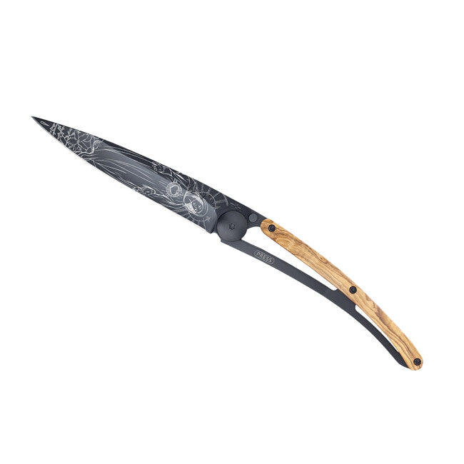 Deejo Virgo coltello di chiusura tattoo legno d'ulivo nero