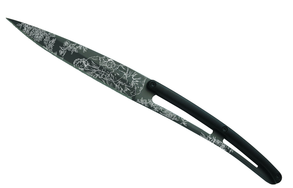 Deejo Set di 6 coltelli da bistecca lama nera in titanio lama seghettata manico nero in ABS design Toile de Jouy