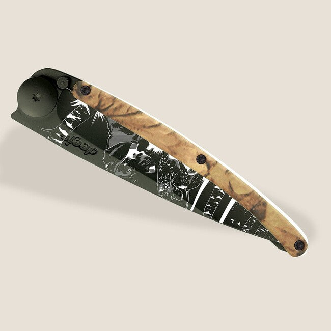 Deejo Tattoo coltello di chiusura , nero marrone camo Huntig Day