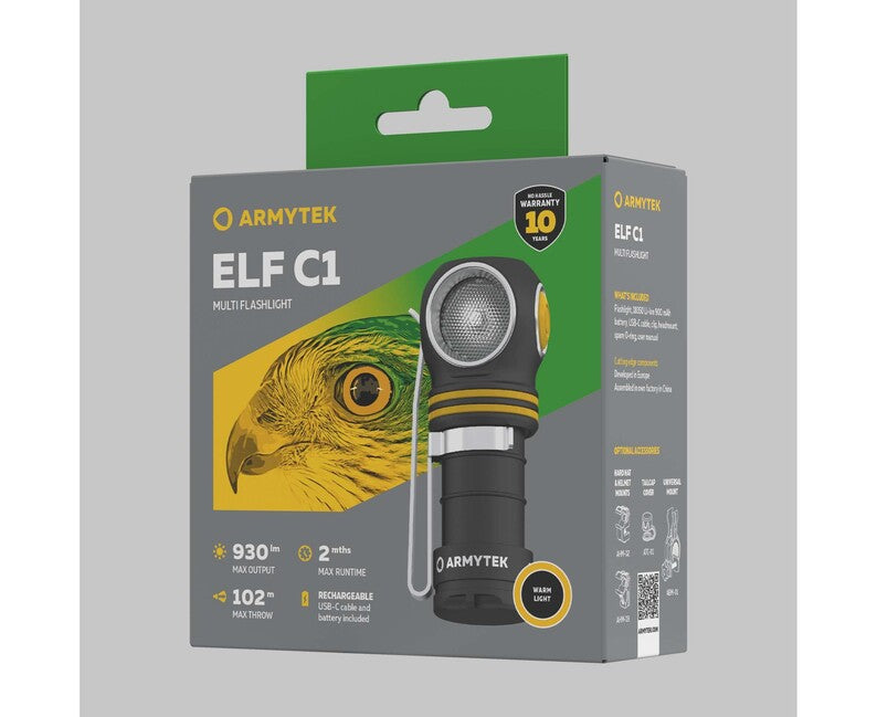 ArmyTek Elf C1 USB-C Κεφαλόφωτο LED με Μπαταρία 930 lm Φακός Χειρός, Θερμό Λευκό