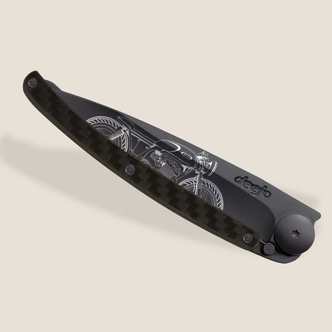 Deejo Tattoo Coltello di chiusura in fibra di carbonio Café Racer, nero