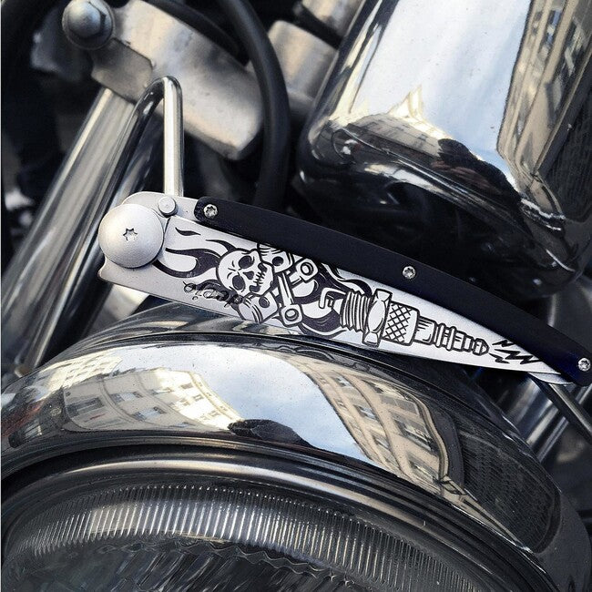 Deejo Tattoo Biker Folding Knife, Ebony Wood