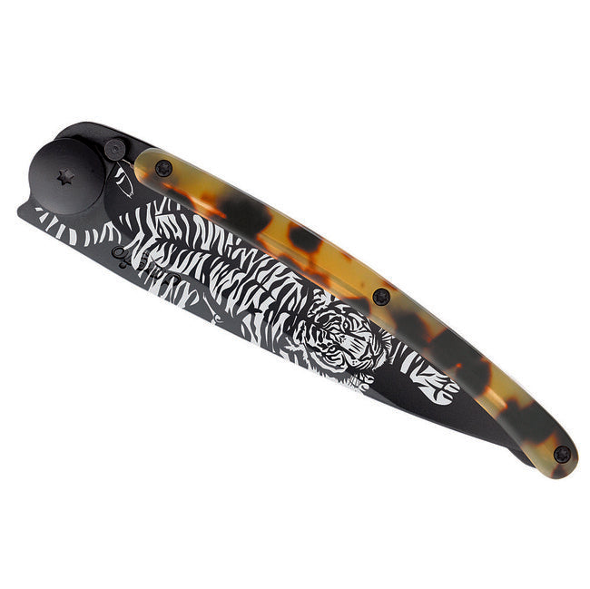 Deejo Tattoo Coltello di chiusura, nero guscio di tartaruga Tigre