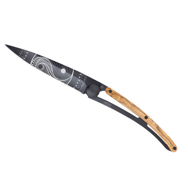 Deejo Tattoo coltello da chiusura Legno d'ulivo nero Yin Yang