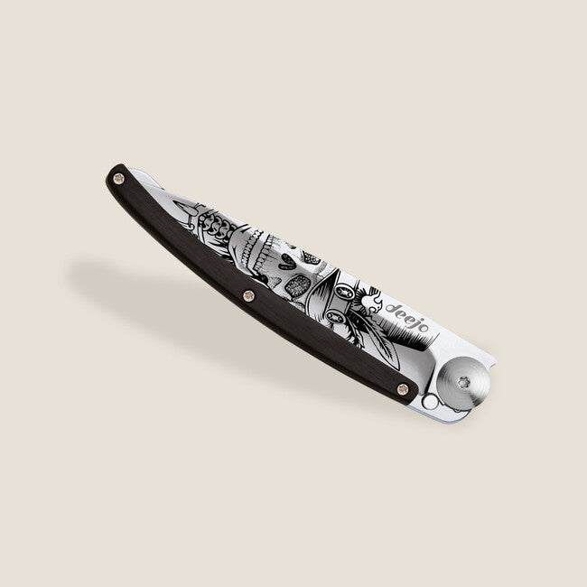 Deejo Tattoo coltello di chiusura Specchio in legno d'ebano Dandy Skull