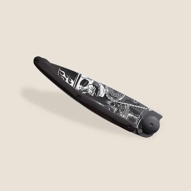 Deejo Ride or Die coltello di chiusura nero tattoo biker legno d'ebano