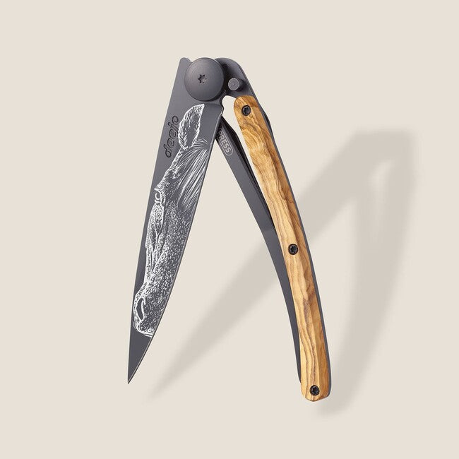 Deejo Warmblood coltello da chiusura nero tatuaggio legno d'ulivo