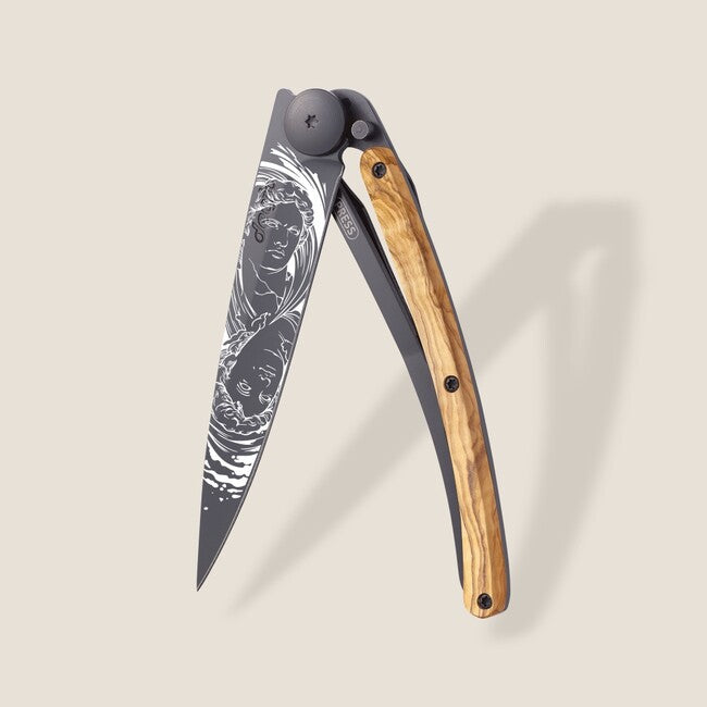 Deejo Gemini coltello di chiusura Tattoo in legno d'ulivo nero