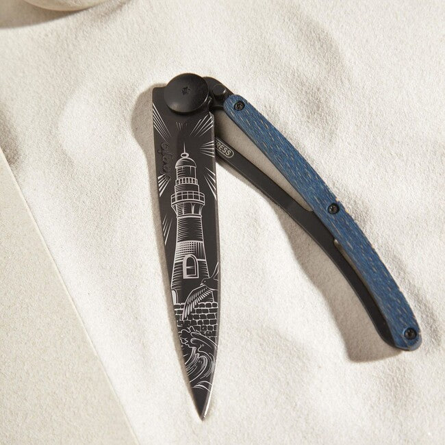 Deejo Tattoo Coltello pieghevole, faro nero blu faggio