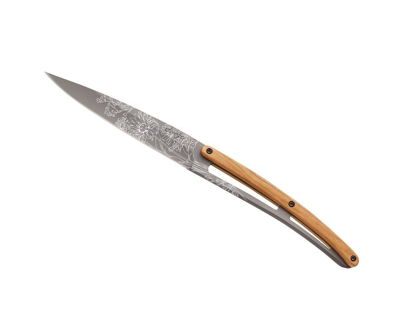 Deejo Tattoo set di 6 coltelli da bistecca, grigio titanio legno d'oliva Blossom