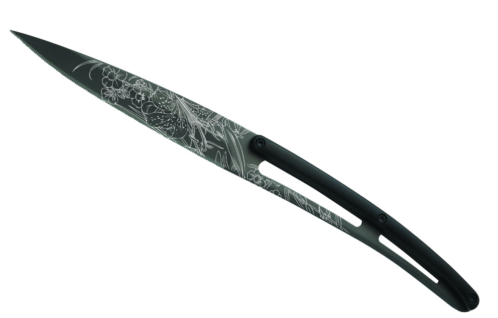 Deejo set di 6 coltelli da bistecca lama nera in titanio lama seghettata manico nero abs design Blossom