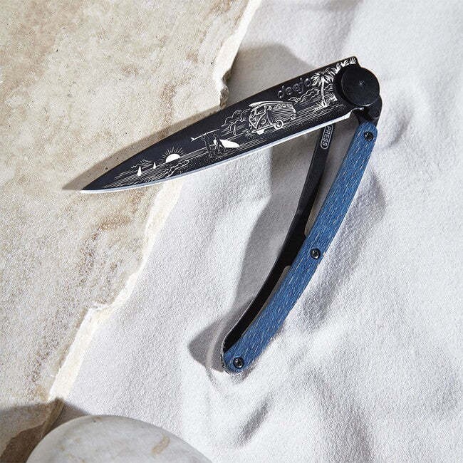 Deejo Tattoo coltello pieghevole, nero faggio blu Van Life