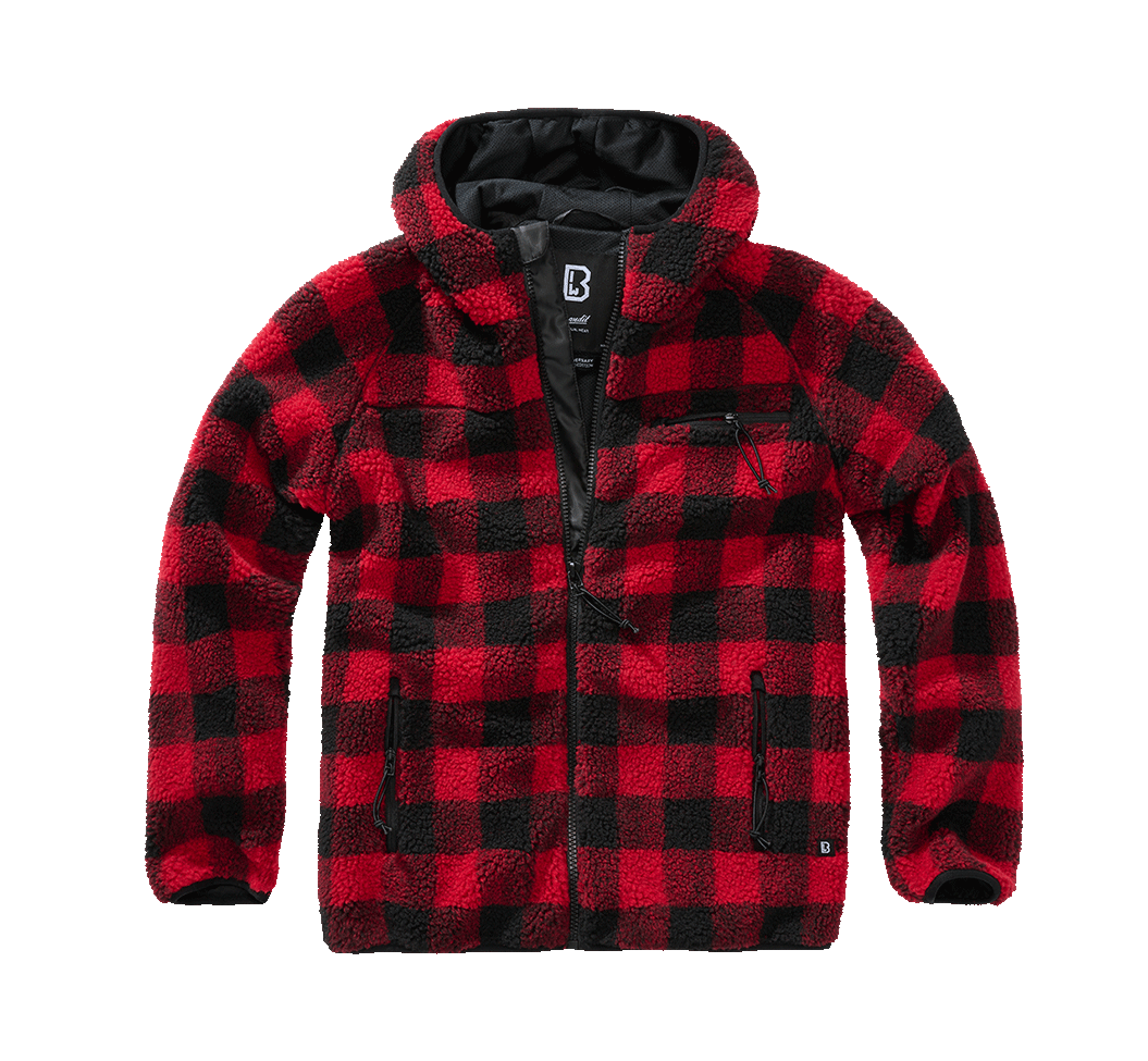 Brandit Worker bunda flísová s kapucňou Teddyfleece, červená/čierna