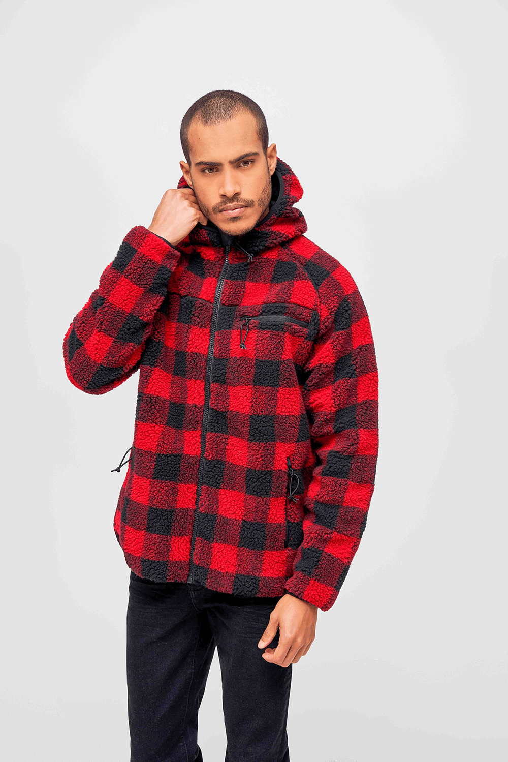 Brandit Worker bunda flísová s kapucňou Teddyfleece, červená/čierna