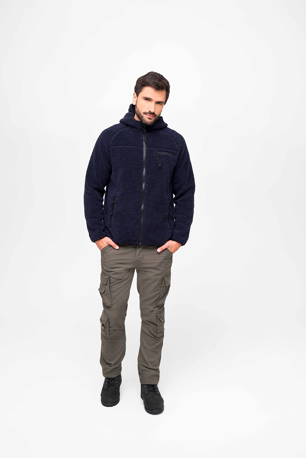 Brandit Worker bunda flísová s kapucňou Teddyfleece, námornícka modrá