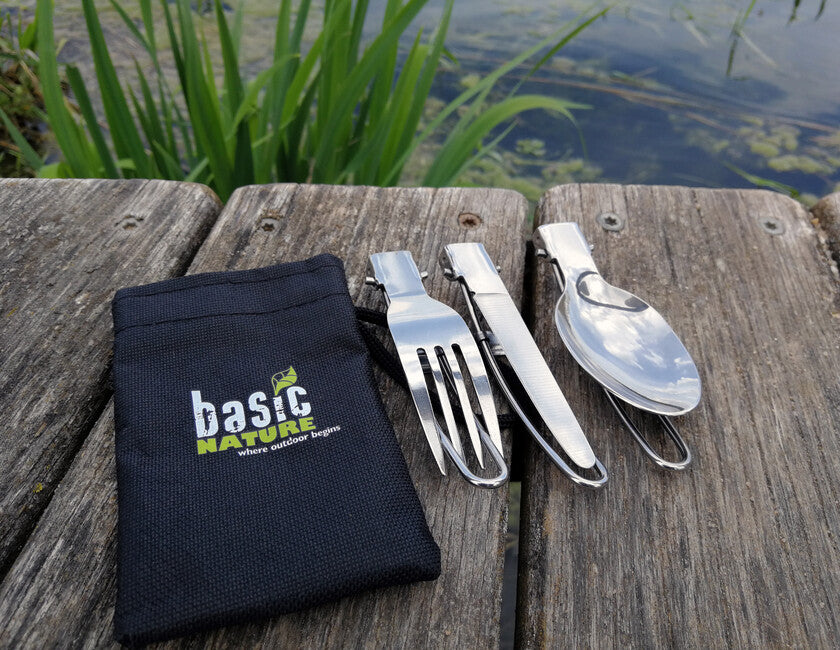 BasicNature MiniTrek set di posate pieghevoli in acciaio inox con borsa in nylon