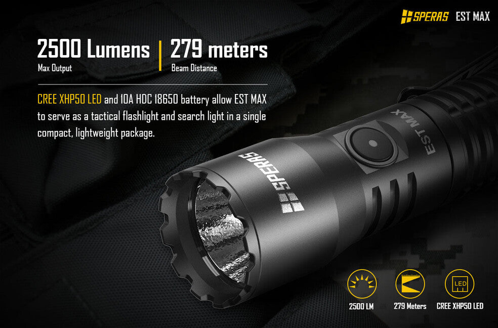 Speras EST Torcia tattica professionale Max 2500LM 279m