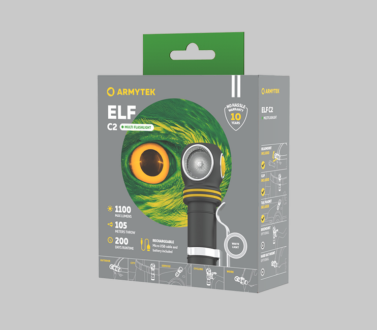 ArmyTek Elf C2 LED Φακός Χεριού Ψυχρό Λευκό, Τροφοδοσία από Μπαταρία, 1100 lm, 4800 h, 65 g