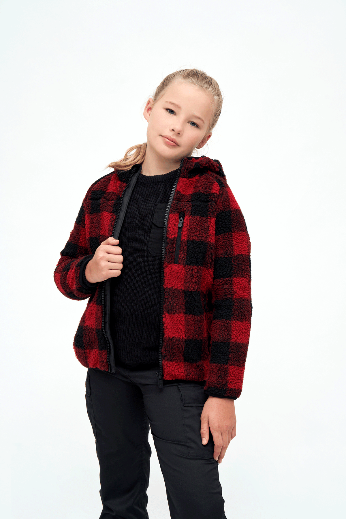 Brandit Teddyfleece detská bunda s kapucňou, červená/čierna