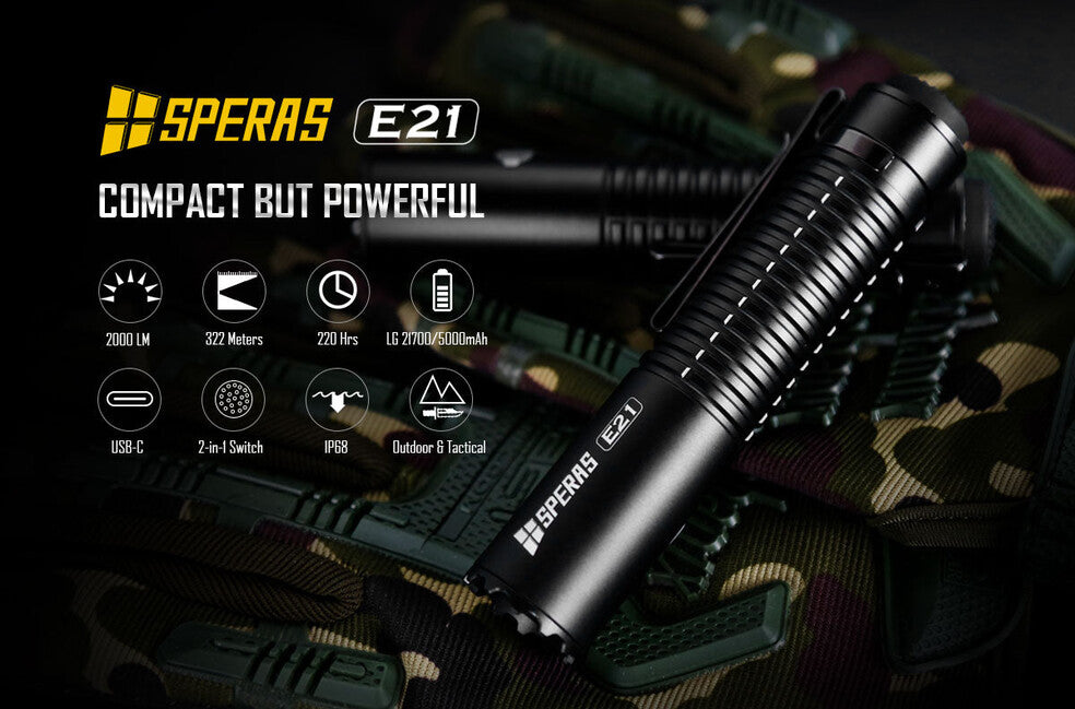 Speras Tactical Rechargeable Flashlight E21 EDC 2000LM, Black