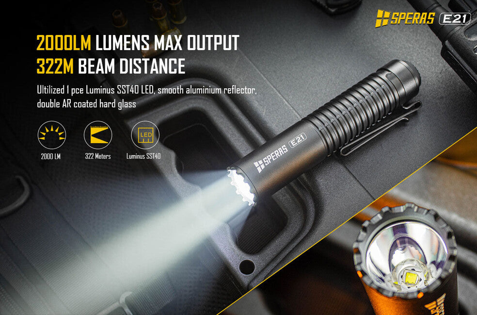 Speras Tactical Rechargeable Flashlight E21 EDC 2000LM, Black
