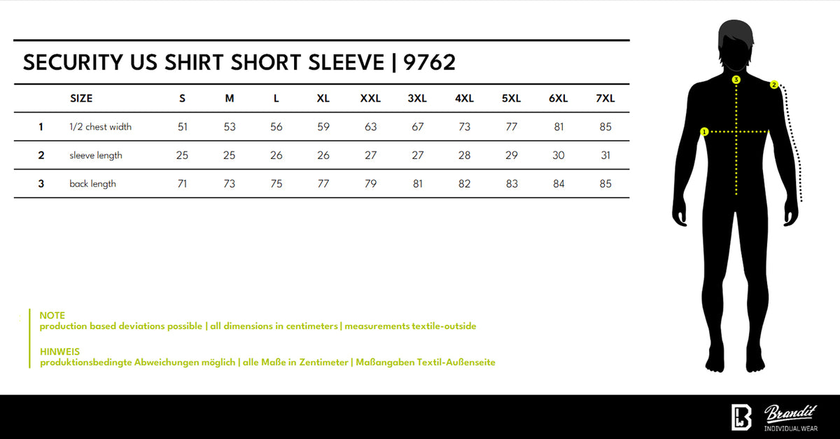Veľkostná tabuľka Security US Shirt Short Sleeve