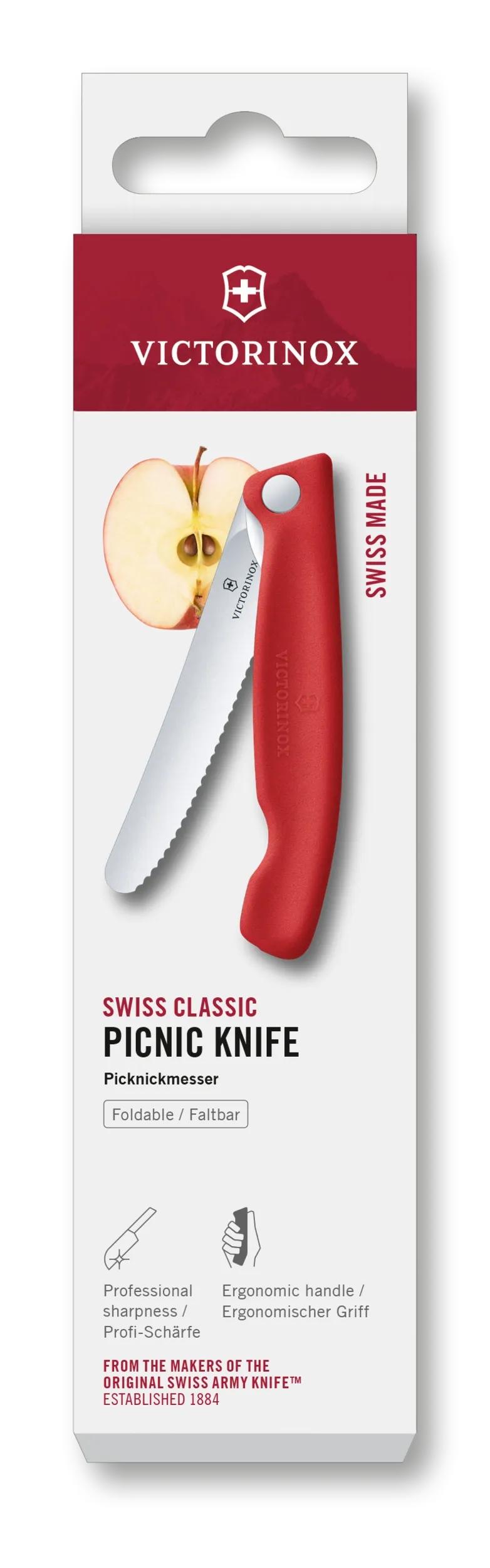 Victorinox Swiss Classic skladací nôž na ovocie a zeleninu so zúbkovaným ostrím, červený