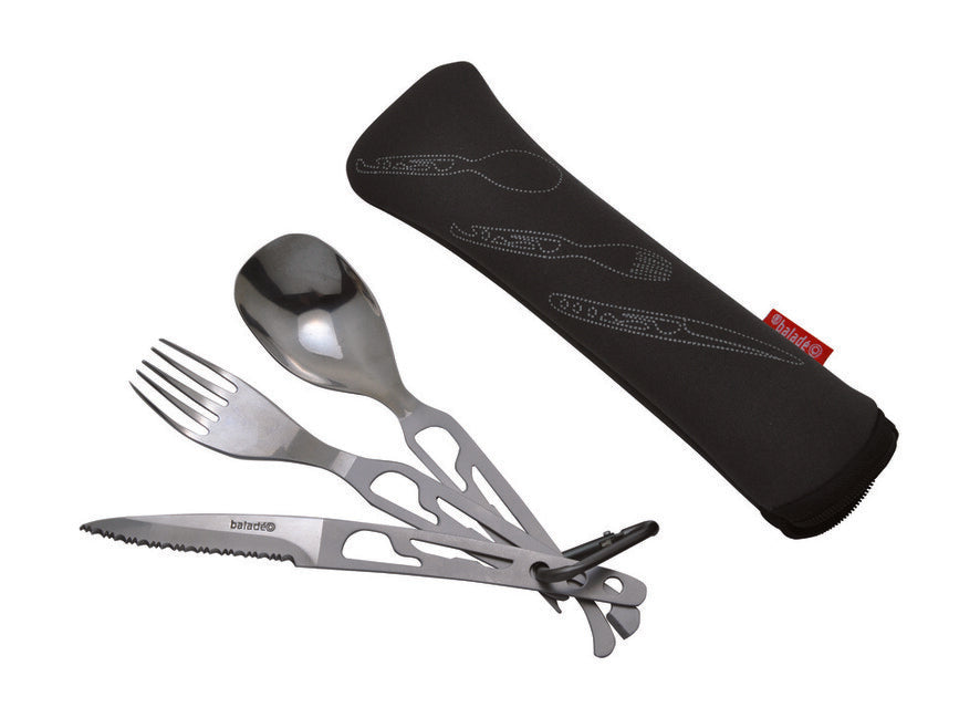 Baladeo ECO112 Basecamp posate da viaggio in acciaio inox, custodia in neoprene nero