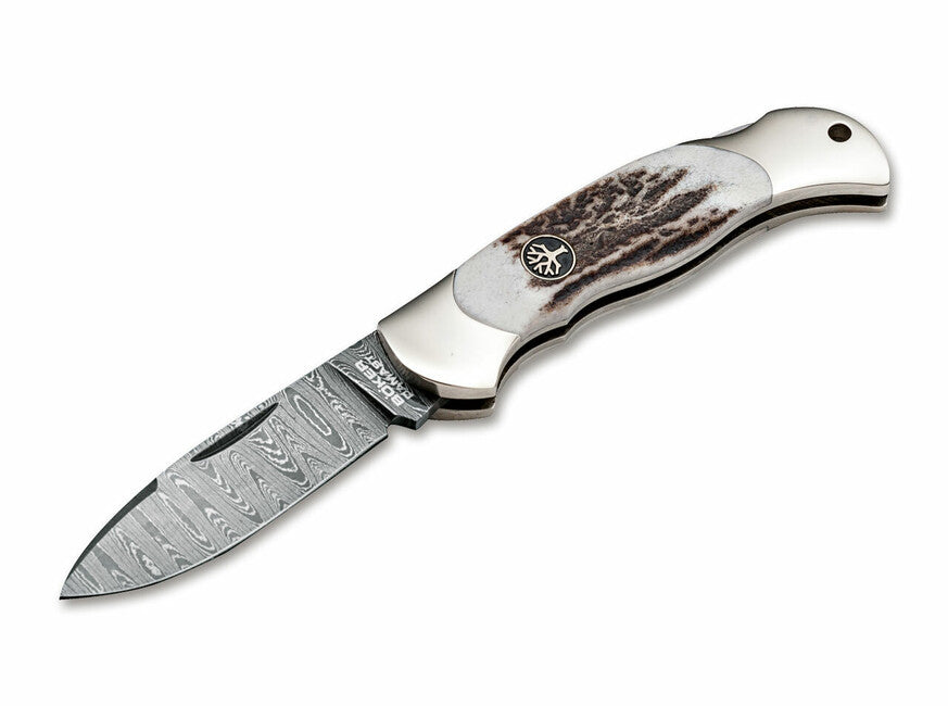 Böker Junior Scout Spearpoint coltello da tasca 7 cm, damasco, corno