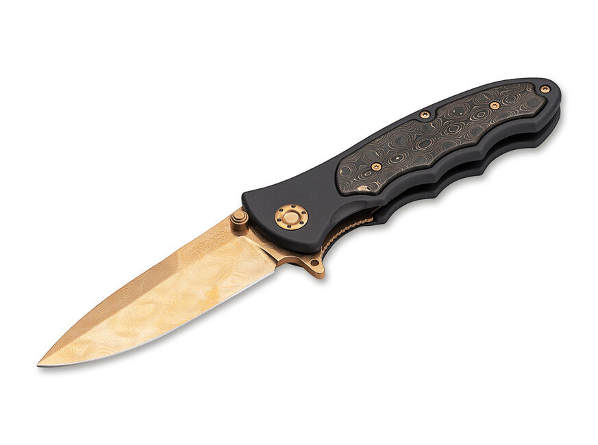 Böker Leopard-Damast III coltello da collezione 9,5 cm oro, nero, alluminio