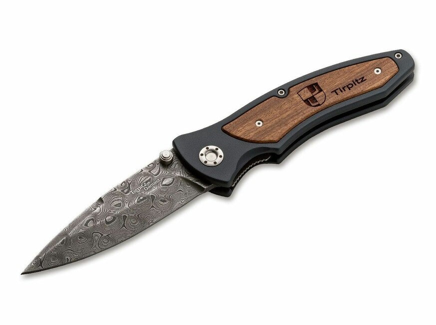 Böker Manufaktur Solingen Tirpitz-Damascus coltello da tasca 9,9 cm, damasco, alluminio, noce