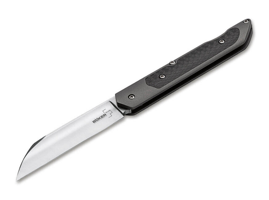 Böker Plus Genios coltello tascabile con fodero in pelle 7,7 cm, grigio
