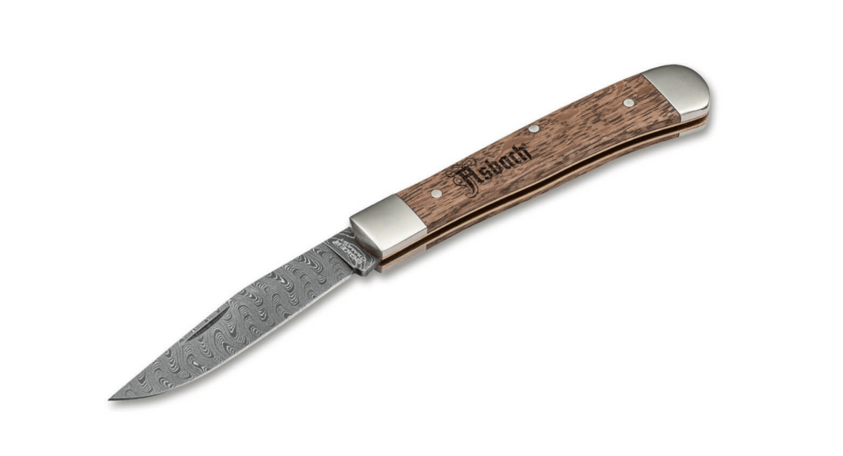 Böker Trapper Asbach Uralt coltello in damasco con fodero 8,5 cm, marrone