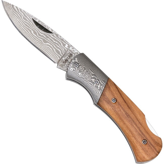 Haller Damast Coltello di sopravvivenza con acciaio damasco Damast-Tame Legno d'ulivo 42974