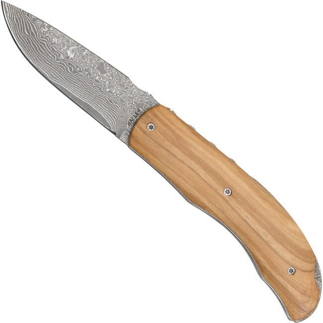 Haller Damast Coltello di sopravvivenza con acciaio damascato Damast-Taschenme Legno d'ulivo
