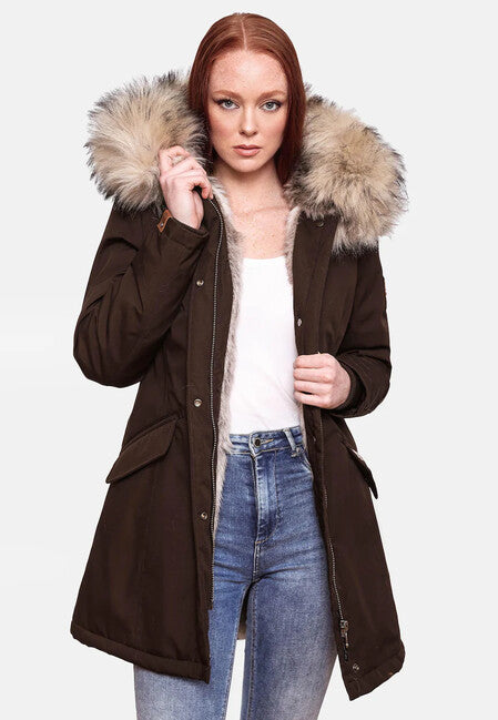 Navahoo Cristal giacca invernale da donna con cappuccio e pelliccia, color cioccolato scuro
