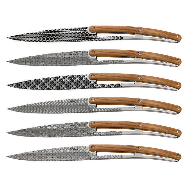 Deejo Geometry set di 6 coltelli lama lucida legno d'ulivo design, geometria