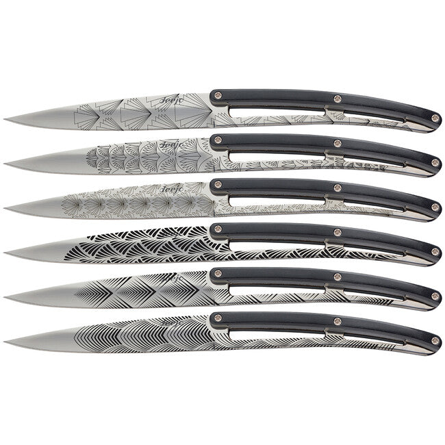 Deejo set di 6 coltelli lama lucida manico nero ABS design Art Deco