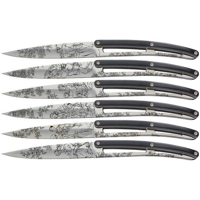 Deejo Set di 6 coltelli lama lucida manico nero abs design Toile de Jouy