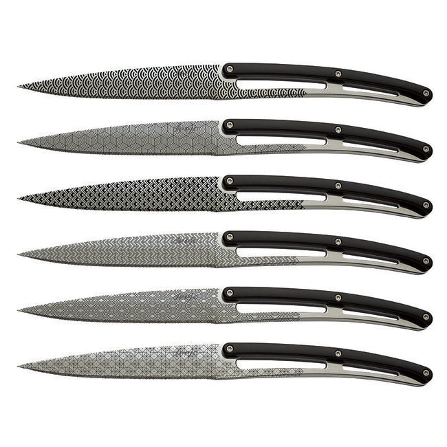 Deejo Set di 6 coltelli lama lucida bordo seghettato manico nero ABS design Geometria