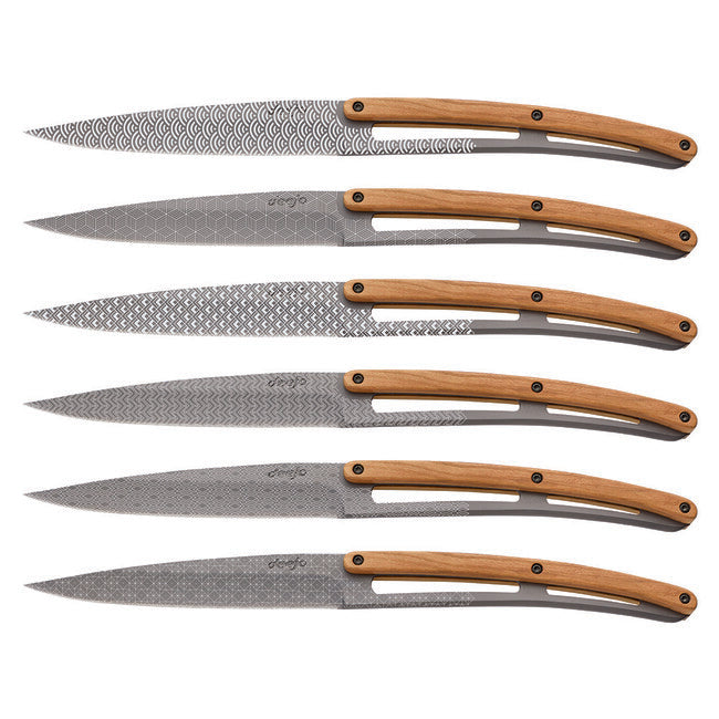 Deejo Geometry set di 6 coltelli, con lama grigio opaco e design in legno d'ulivo