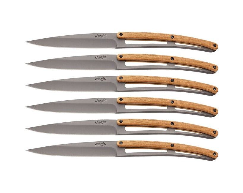 Deejo Tavolo set di 6 coltelli, grigio titanio legno d'ulivo